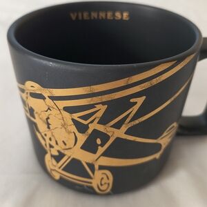 Starbucks Ceramic Matte Black Coffee Mug Vinnese Bi-plane Airplane Gold